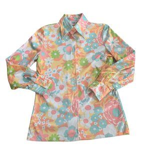Vintage Groovy Pastel Novelty Floral Flower Power Print Blouse